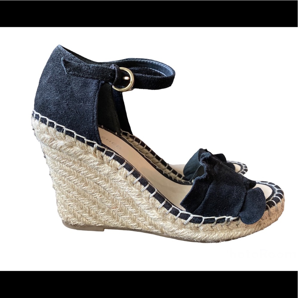 Marc Fisher Ruched Suede Espadrille Wedges Black size 6.5